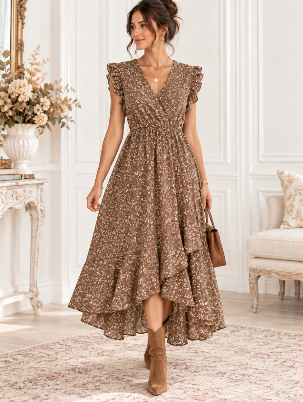 BTFBM | Brown Print Ruffle Wrap High Low Midi Dress | Size XL | Boho Fall